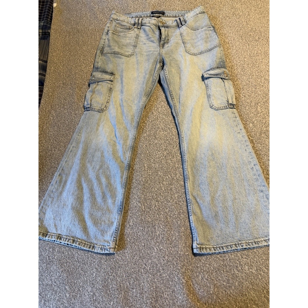 Aeropostale Mid Rise Flare‎ Utility Jeans Light Wash Cargo Flare Denim Size 14S